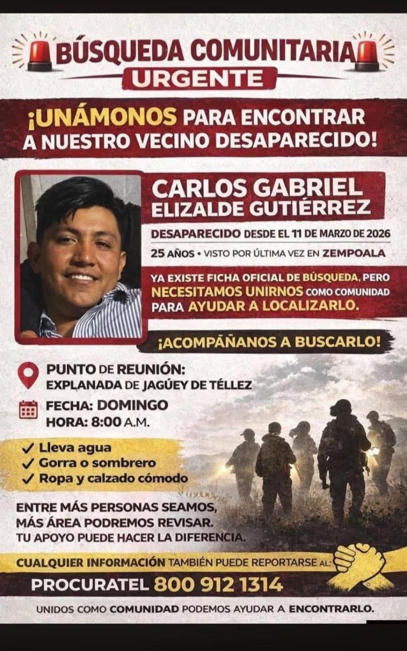 Organizan búsqueda comunitaria urgente para encontrar a Carlos Gabriel en Zempoala