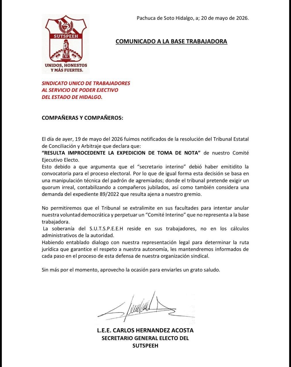 Improcedente toma de nota del SUTSPEEH; sindicato alista defensa legal
