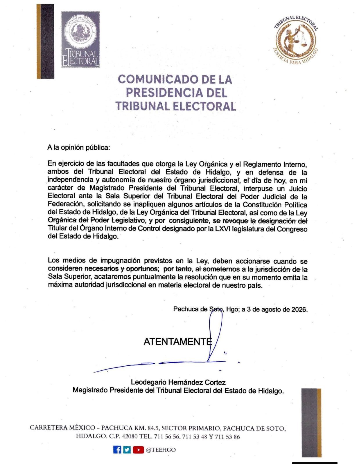 Presidente del TEEH busca revocar nombramiento del titular del Órgano Interno de Control