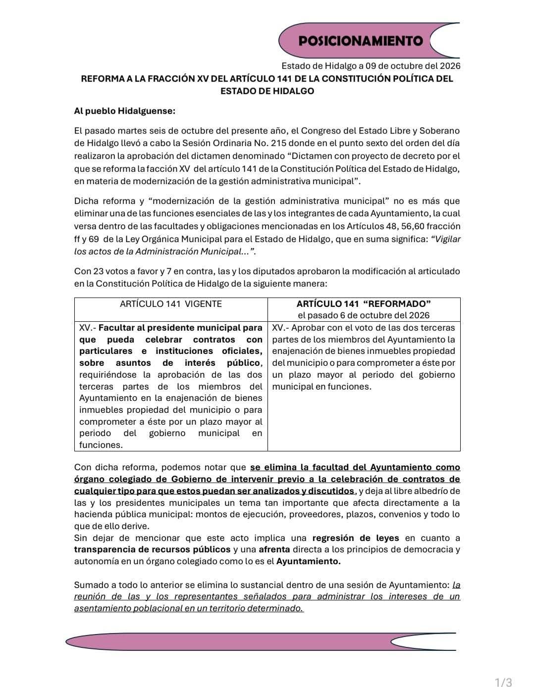Regidores rechazan reforma al artículo 141 y piden frenarla en los ayuntamientos
