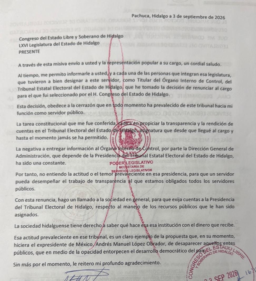Renuncia contralor del TEEH: acusa bloqueo de la Presidencia para ejercer sus funciones